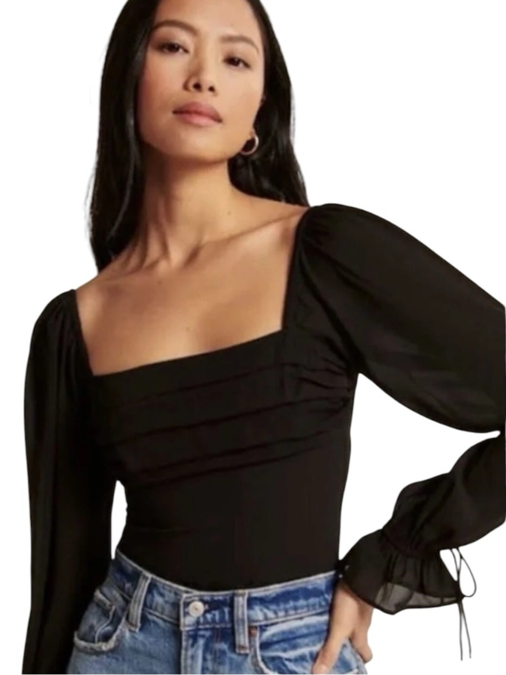 Abercrombie & Fitch Ruched Bodice Sheer Long Sleeve Crop Top in Black